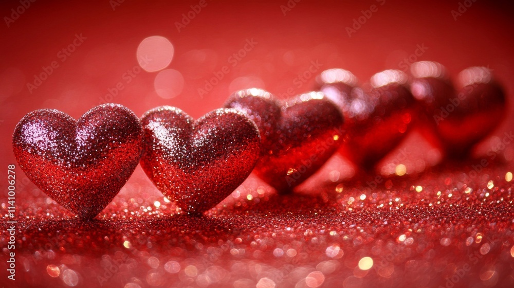 Glittery Red Hearts on Sparkling Background Glittery Red Hearts on Sparkling Background