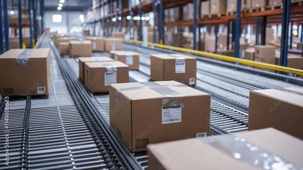 Logistiklösungen für neue moderne Wege online zu bestellen mit Paketen auf Förderband und Drohne mit Paket Lieferung 24/7 Roboter sortiert Pakete Generative AI Logistiklösungen für neue moderne Wege online zu bestellen mit Paketen auf Förderband und Drohne mit Paket Lieferung 24/7 Roboter sortiert Pakete Generative AI