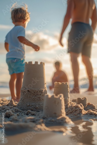 Sandcastle building on the beach at sunset with children and adults enjoying family time together. Generative AI