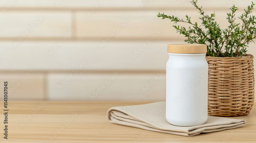 minimalist white jar with wooden lid sits on beige cloth beside woven basket with greenery, creating serene atmosphere minimalist white jar with wooden lid sits on beige cloth beside woven basket with greenery, creating serene atmosphere