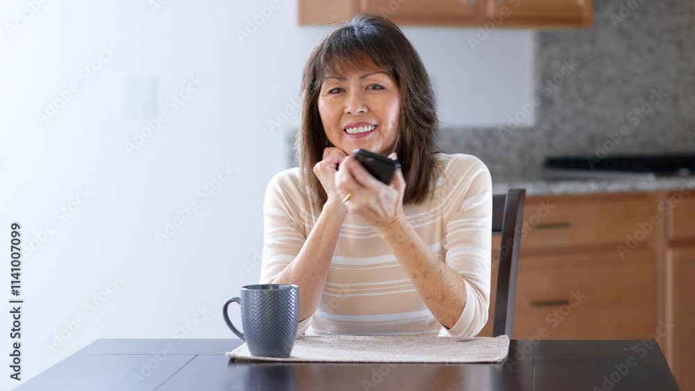 Happy woman smiling enjoying talking on smartphone at home dining table