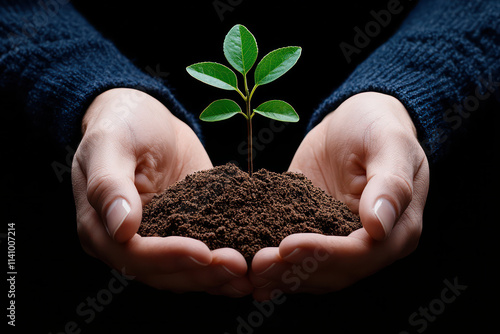 small tree sprouting from soil held in hands, symbolizing growth and care photo