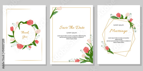 Wedding invitation with delicate tulipsWedding invitation with delicate tulips and delicate, field Capsella bursa pastoris