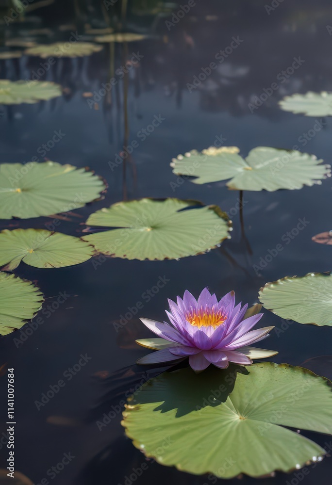 Single purple water lily pad, tranquil water setting, photography, waterlily Single purple water lily pad, tranquil water setting, photography, waterlily