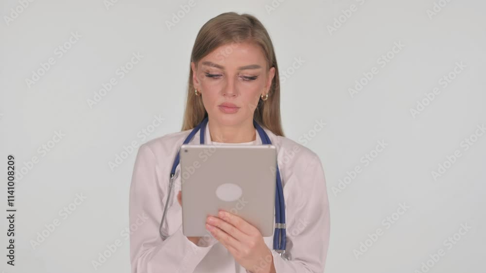 Portrait of Female Doctor Using Digital Tablet on White Background Portrait of Female Doctor Using Digital Tablet on White Background