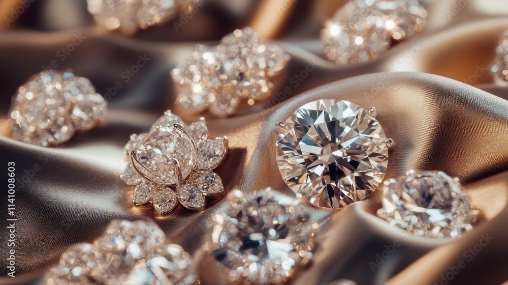 Sparkling Diamonds and Elegant Jewelry on Luxurious Satin Fabric Sparkling Diamonds and Elegant Jewelry on Luxurious Satin Fabric