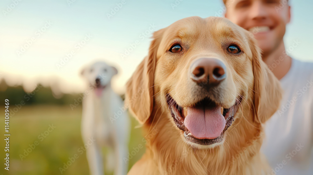 Happy golden retriever with smiling owner in sunny field, enjoying outdoors with another dog in background Happy golden retriever with smiling owner in sunny field, enjoying outdoors with another dog in background