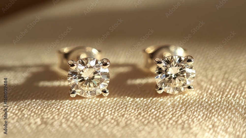 Elegant Diamond Stud Earrings on Soft Fabric Background Elegant Diamond Stud Earrings on Soft Fabric Background