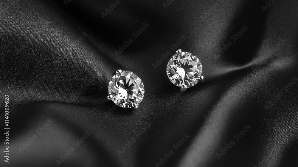Elegant Diamond Stud Earrings on Luxurious Black Satin Fabric Elegant Diamond Stud Earrings on Luxurious Black Satin Fabric