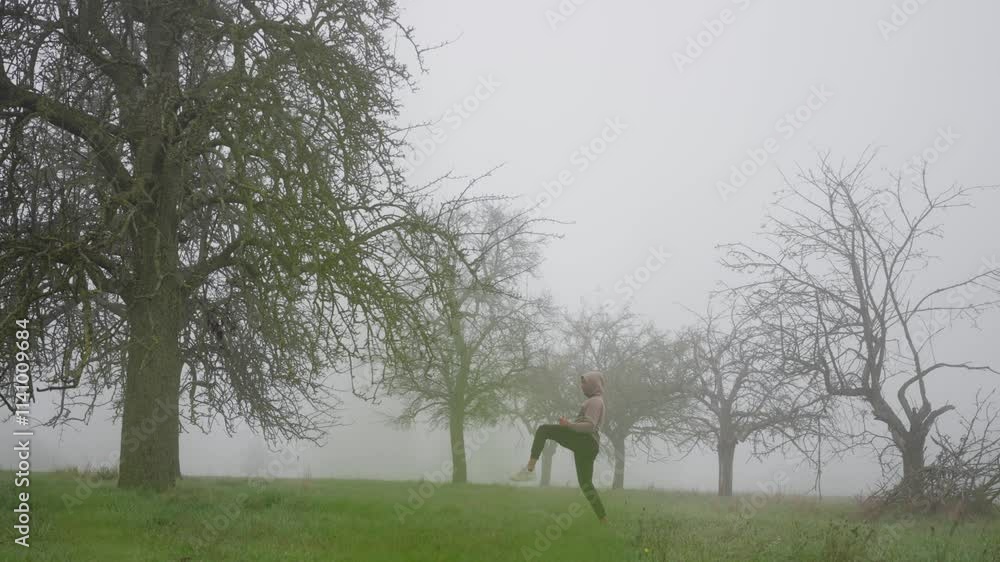 Martial arts training in a morning foggy field, late autumn. Slow motion. A Mystical Foggy Unfolds in Nature An Incredibly Serene Moment of Artistic Expression Martial arts training in a morning foggy field, late autumn. Slow motion. A Mystical Foggy Unfolds in Nature An Incredibly Serene Moment of Artistic Expression
