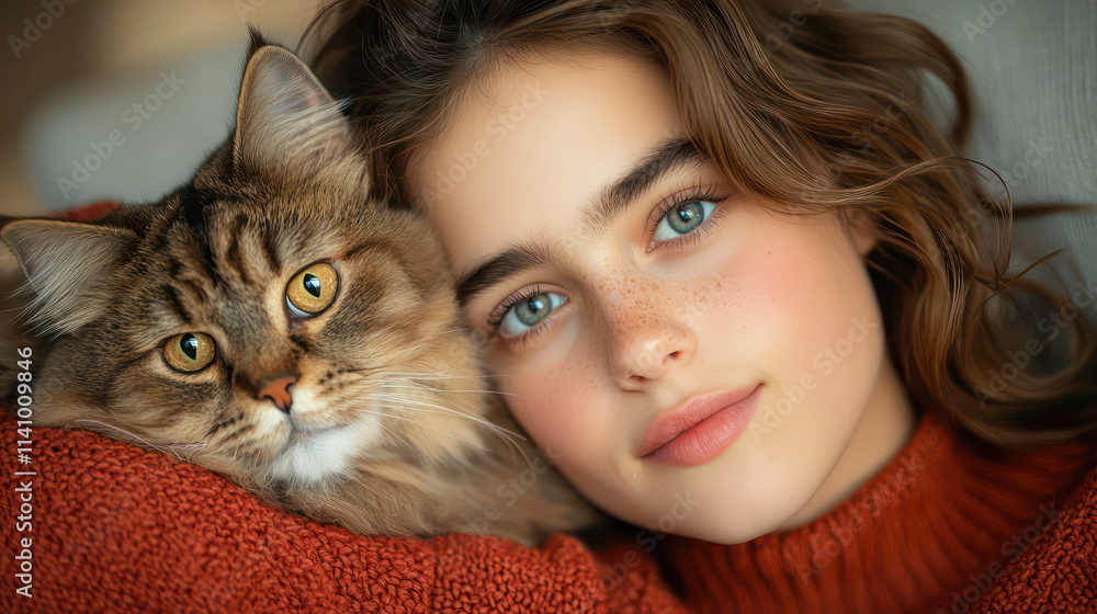 close up of young woman with beautiful eyes holding fluffy cat, showcasing warm and affectionate bond close up of young woman with beautiful eyes holding fluffy cat, showcasing warm and affectionate bond