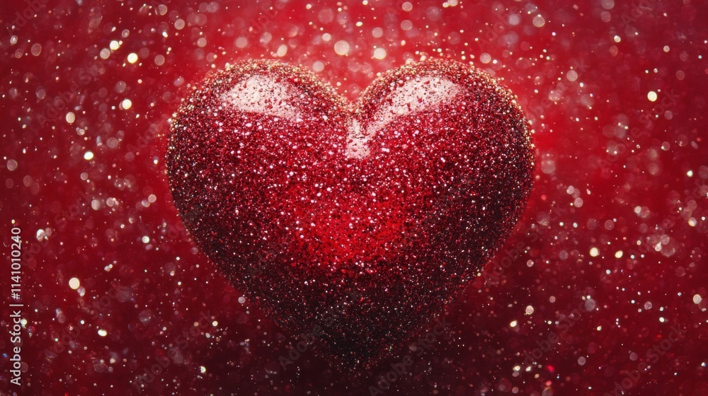 Fototapeta premium Red Glitter Heart Against Red Sparkling Background