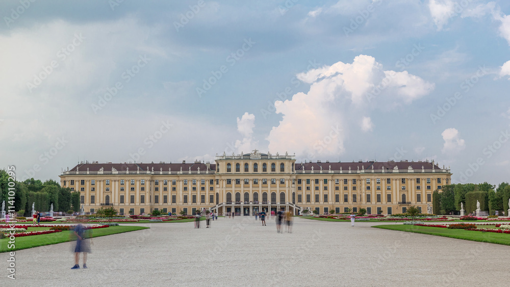 Fototapeta premium Beautiful view of famous Schonbrunn Palace timelapse hyperlapse with Great Parterre garden in Vienna, Austria