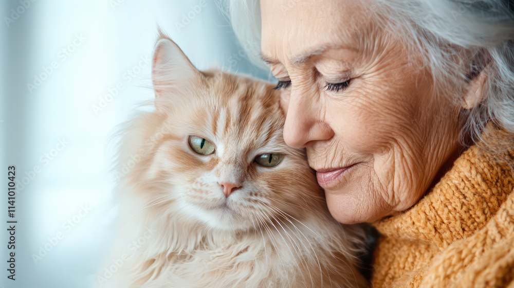 close up of elderly woman with gray hair gently embracing her fluffy orange cat, showcasing warm bond and affection close up of elderly woman with gray hair gently embracing her fluffy orange cat, showcasing warm bond and affection