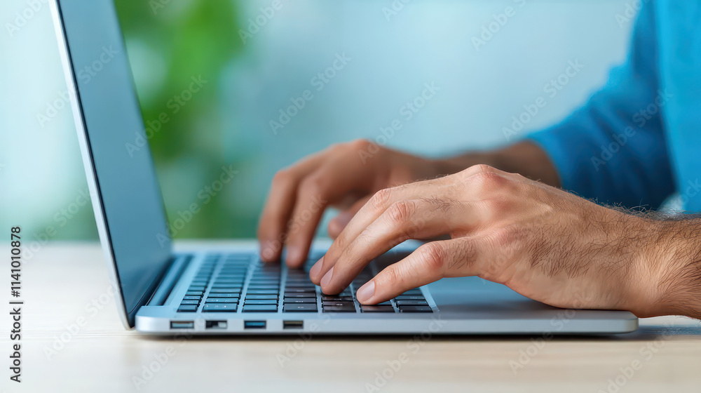 Close up of office worker typing on laptop, focused and engaged Close up of office worker typing on laptop, focused and engaged