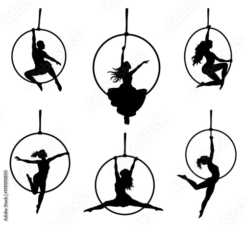 Aerial Hoop Ring Acrobat Silhouette Poses Clipart Set 2 on a Transparent Background