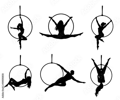 Aerial Hoop Ring Acrobat Silhouette Poses Clipart Set 1 on a Transparent Background