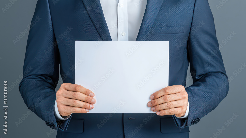 man in suit holding blank sheet of paper against gray background, conveying professionalism and readiness