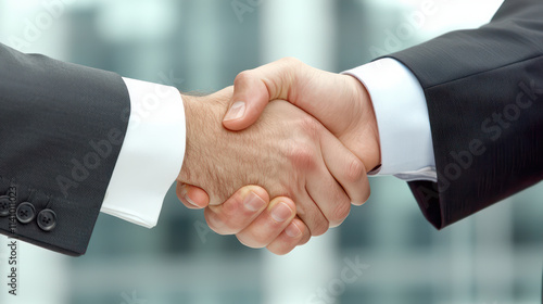 Business professionals shaking hands in corporate setting, symbolizing agreement and partnership