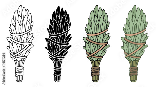 Bundle of Wrapped and Dried White Sage Smudging Leaves Clipart, with Outline, Silhouette and Color on a Transparent Background
