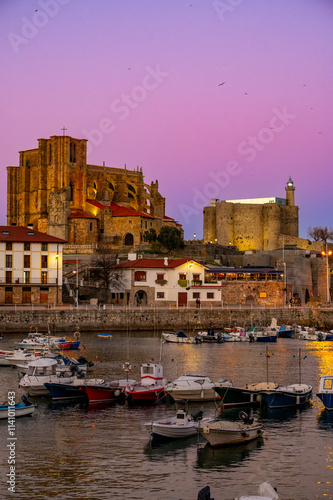 Castro Urdiales Cathedral in Cantabria at sunset photo