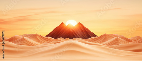 stunning sunset over intricate mountain ranges, casting warm hues across sandy landscape