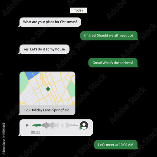 Messenger Interface Mockup: Location Pin Map, Voice Messages, and Flat Vector Chat Bubbles on Black Background