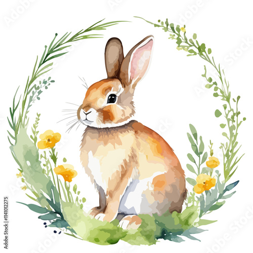 Watercolor hand drawn painting of a frame or card for the holiday Easter with a spring flowers, grass and bunny. Vector illustration for poster, postcard, banner. Cute happy easter print design.