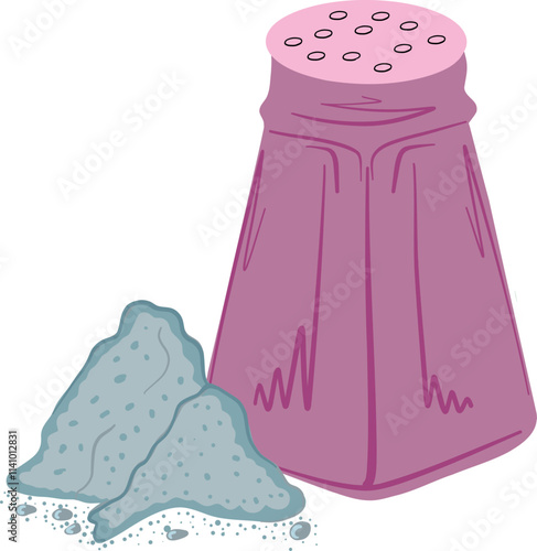 salt shaker next to two small piles of salt, representing the use of salt as a common seasoning in cooking.