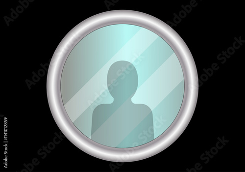 Reflejo en el espejo de una persona. Ojo de buey del camarote de un barco y la silueta de una persona detrás