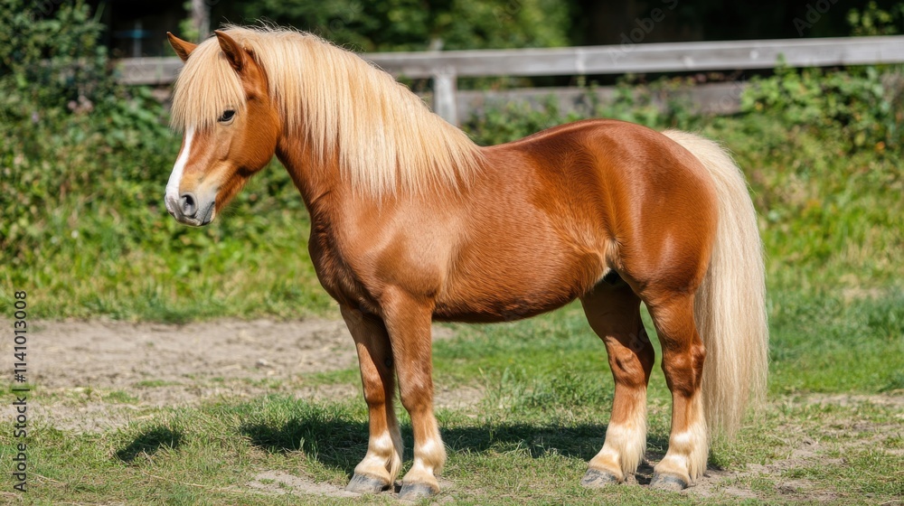 Beautiful brown pony standing gracefully in a lush green field on a sunny day Beautiful brown pony standing gracefully in a lush green field on a sunny day