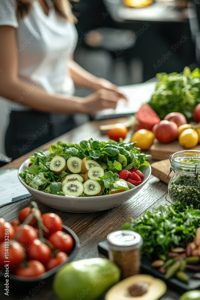 Fresh salad preparation with colorful ingredients in a bright kitchen setting. Generative AI Fresh salad preparation with colorful ingredients in a bright kitchen setting. Generative AI