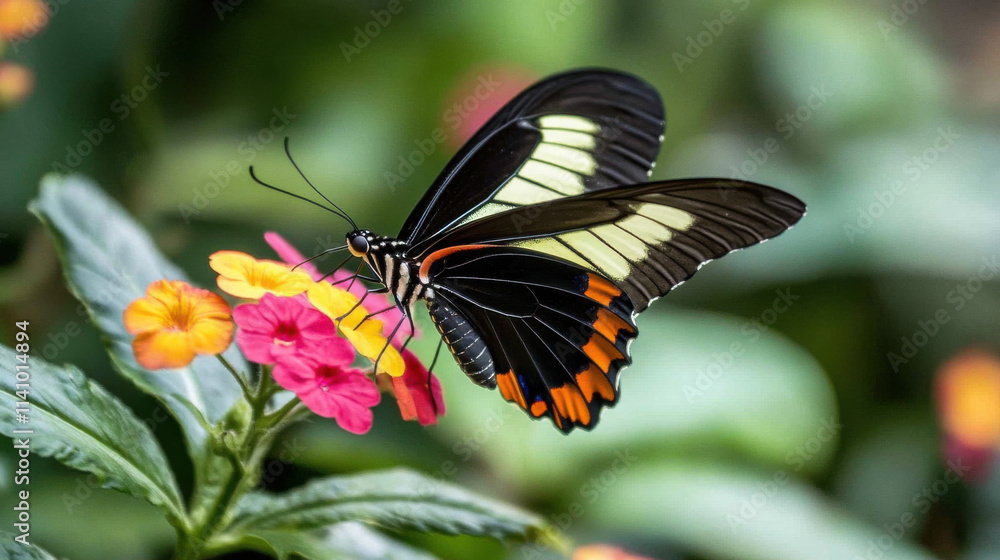 A butterfly feeding on a colorful flower, showcasing vivid patterns.
A butterfly feeding on a colorful flower, showcasing vivid patterns.