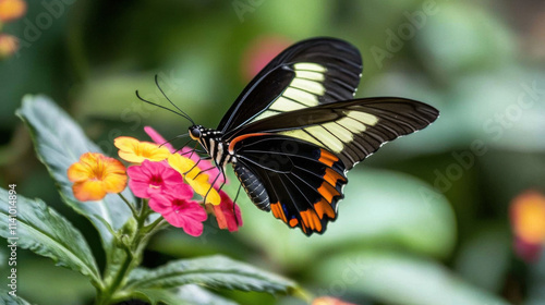 A butterfly feeding on a colorful flower, showcasing vivid patterns. 