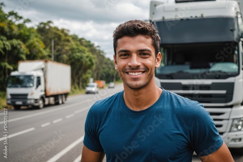 Close portrait of a smiling young Brazilian male truckdriver looking at the camera, against Brazilian blurred background.