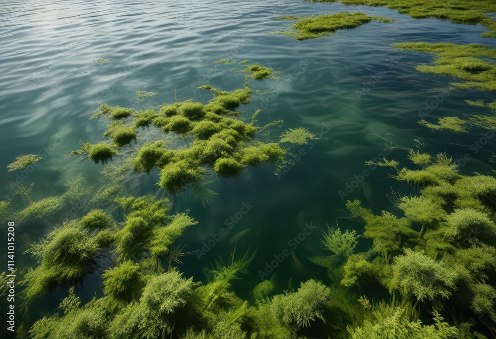 Dense green algae bloom covering lake surface, algae bloom, pollution Dense green algae bloom covering lake surface, algae bloom, pollution