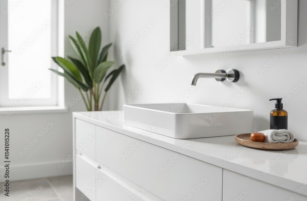 Fototapeta premium A close-up of a minimal white and clean bathroom counter in a minimalist bathroom