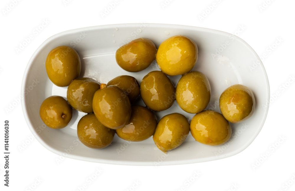 Large green olives with pits served to table in bowl. Isolated over white background Large green olives with pits served to table in bowl. Isolated over white background
