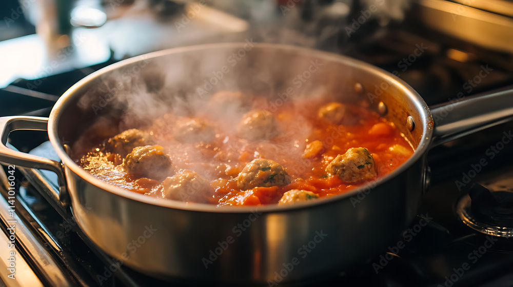 Homemade meatballs simmering in rich tomato sauce Homemade meatballs simmering in rich tomato sauce