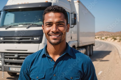 Close portrait of a smiling young Cabo Verdean male truckdriver looking at the camera, against Cabo Verdean blurred background. photo