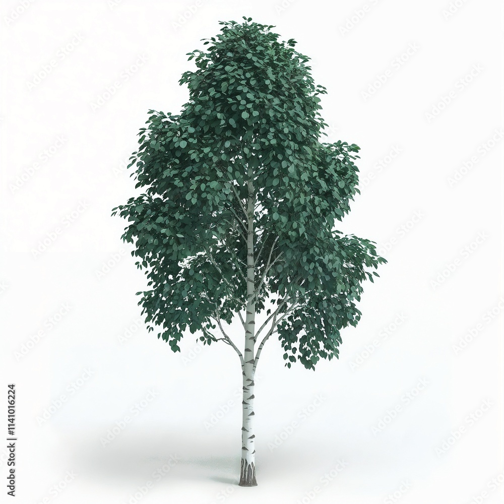 Obraz premium Elegantly rendered solitary birch tree featuring distinctive white bark with black markings, complete with lush dark green foliage crown, digitally illustrated in photorealistic detail