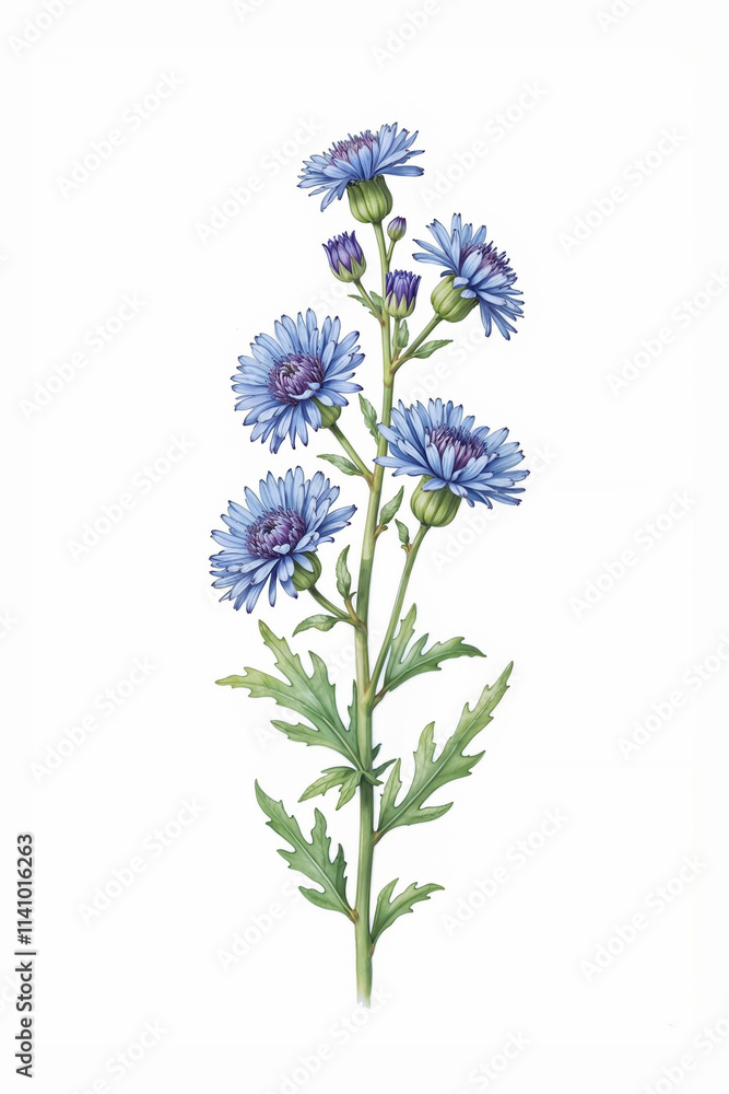 Obraz premium A soft, elegant illustration of a bellflower stalk, with several delicate, bell-shaped blooms in shades of light purple, on a white background. 