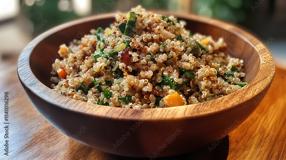 Quinoa pilaf with sautأ©ed vegetables and herbs served in a wooden bowl Quinoa pilaf with sautأ©ed vegetables and herbs served in a wooden bowl