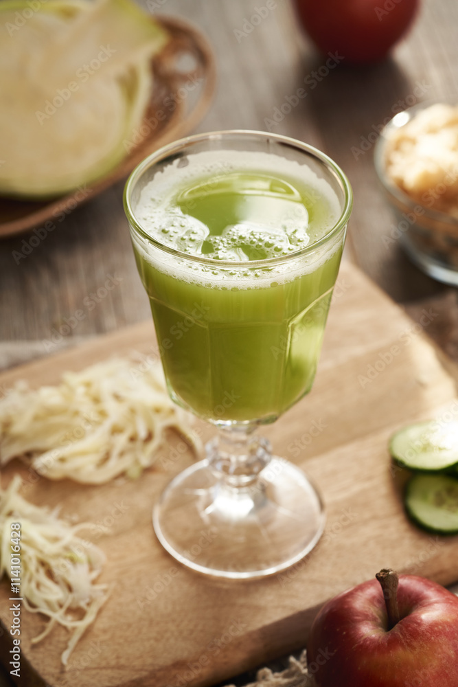 A cup of green cabbage and cucumber juice with red apples A cup of green cabbage and cucumber juice with red apples