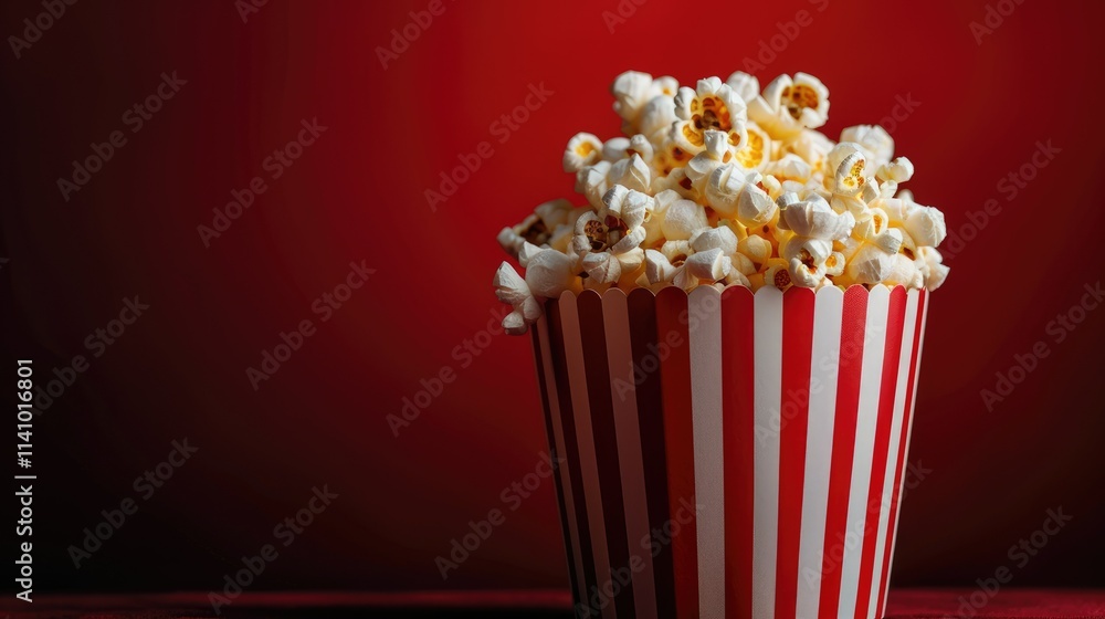 A striped bucket filled with fluffy popcorn against a red background. A striped bucket filled with fluffy popcorn against a red background.