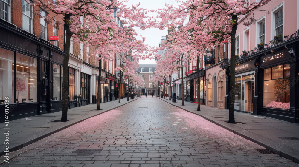 Fototapeta premium A street lined with flowering trees creating an arch of blooms