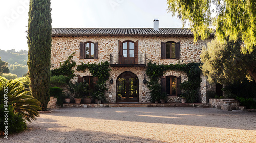 Refurbished catalan masia: a harmonious blend of rustic charm and modern minimalism with vaulted ceilings, whitewashed walls, and elegant dark wood accents