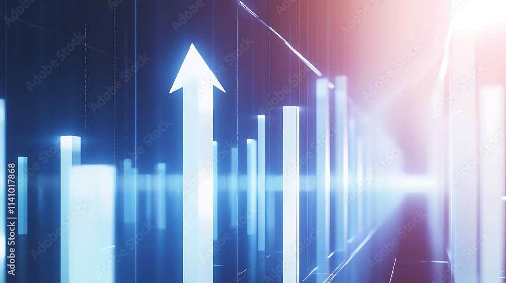 Rising bar graph with an upward arrow, digital image, white background, concept of growth or progress Rising bar graph with an upward arrow, digital image, white background, concept of growth or progress
