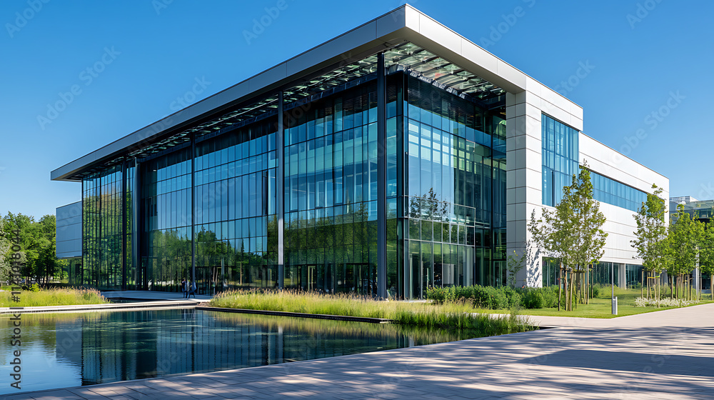 Modern glass facade of an office building with reflections on a clear day Modern glass facade of an office building with reflections on a clear day