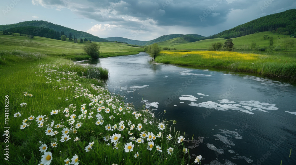 A river surrounded by green hills with spring flowers along the shore A river surrounded by green hills with spring flowers along the shore